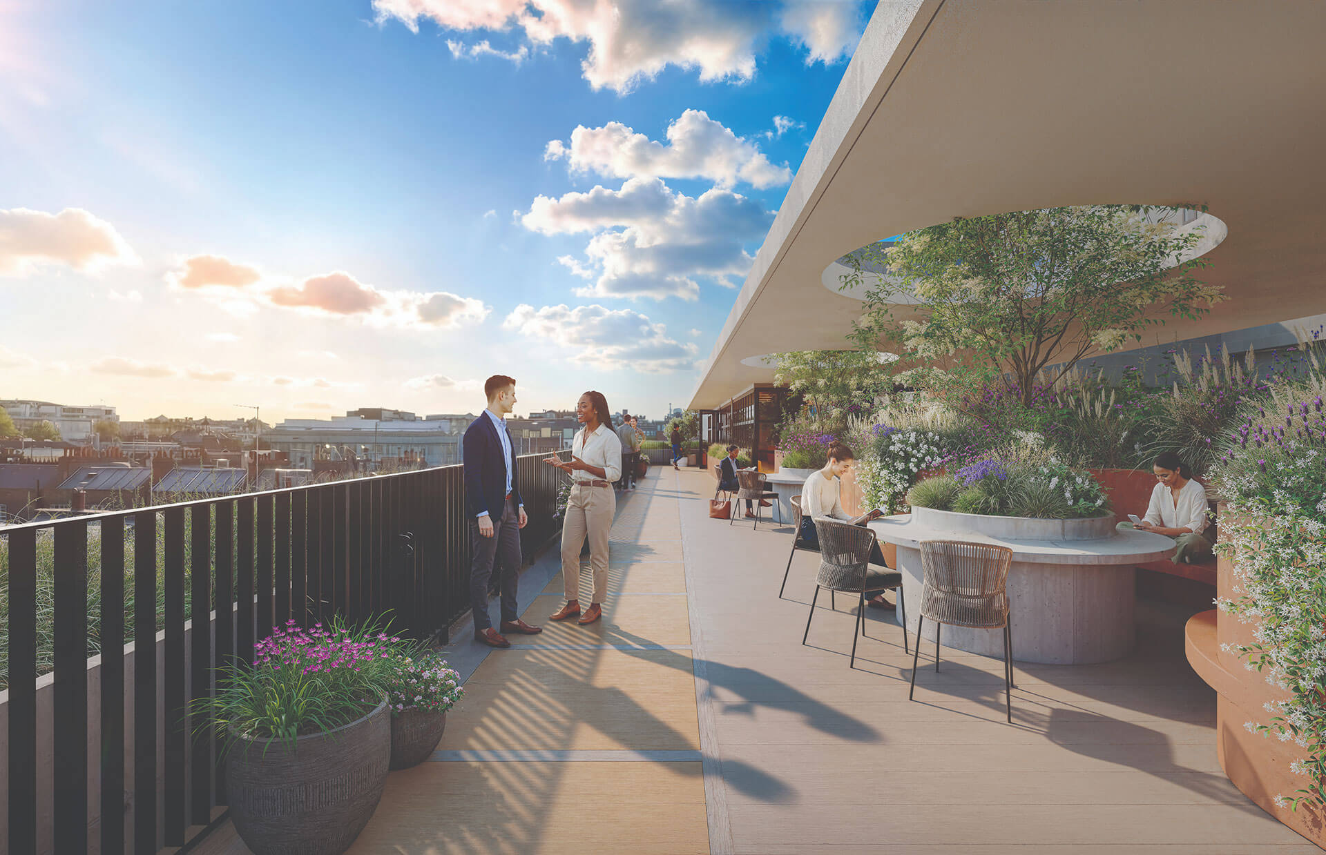 An indicative CGI view of the communal roof terrace at 45 Warren Street