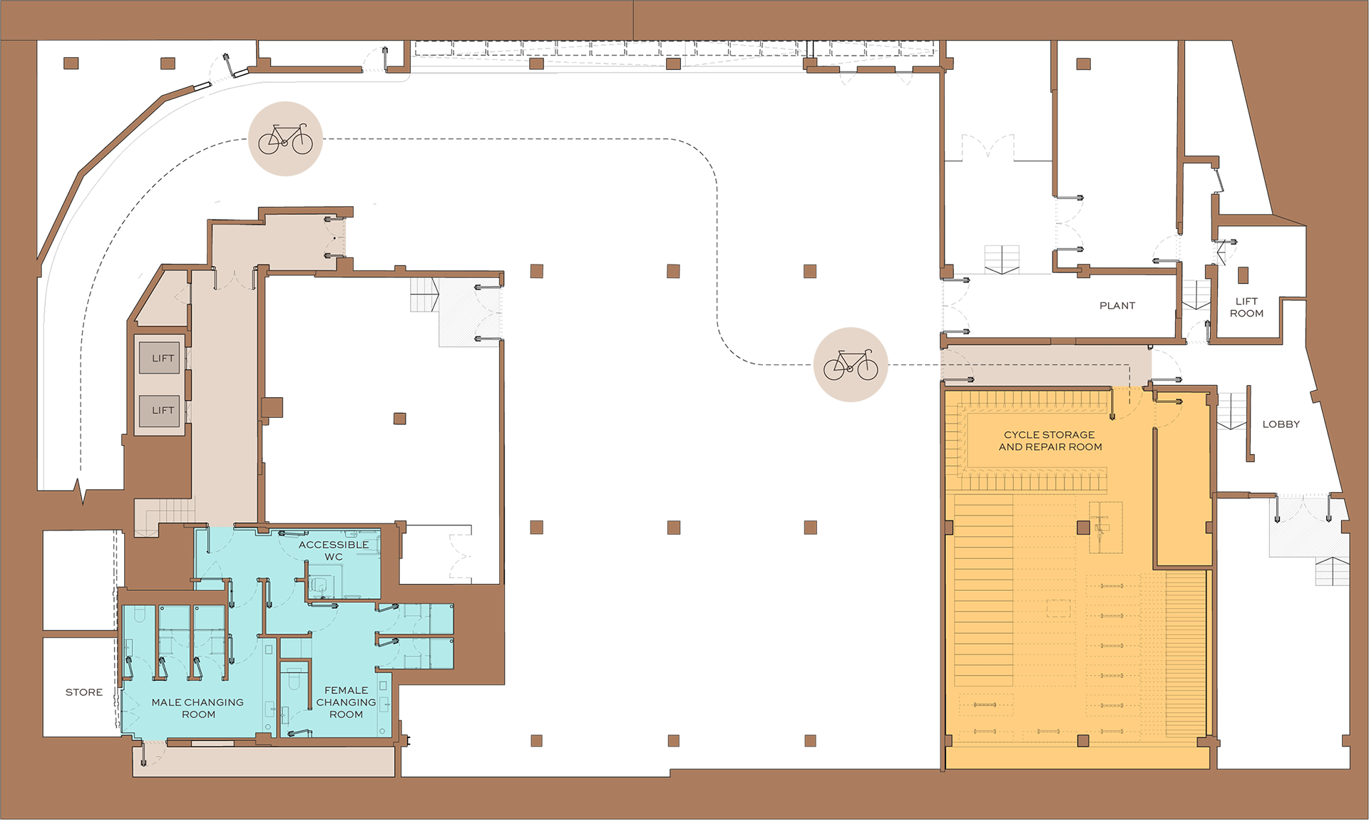 End of trip facilities floor plan showing bike storage, showers, lockers and changing rooms