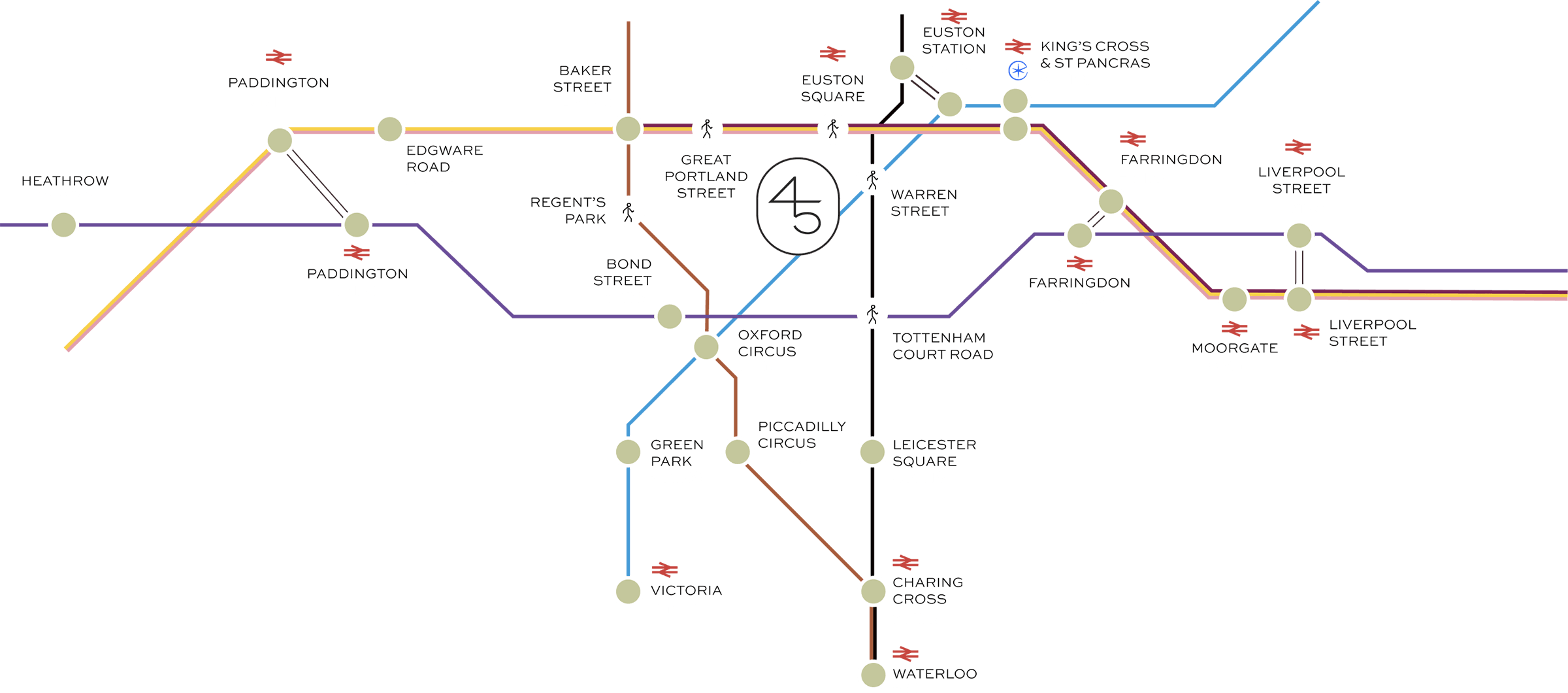 Transport connections diagram showing tube and rail links near 45 Warren Street
